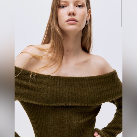 H&M•RIB-KNIT OFF-THE-SHOULDER DRESS•Size S•Khaki Green•NWT - Picture 5 of 6